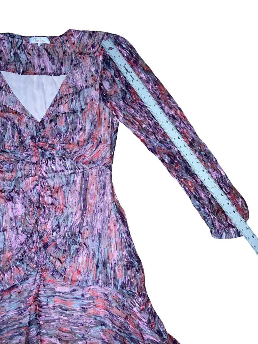 Parker 100% silk abstract Print  Ruched Midi Dress Long Sleeve High-Low Hem - Picture 7 of 13